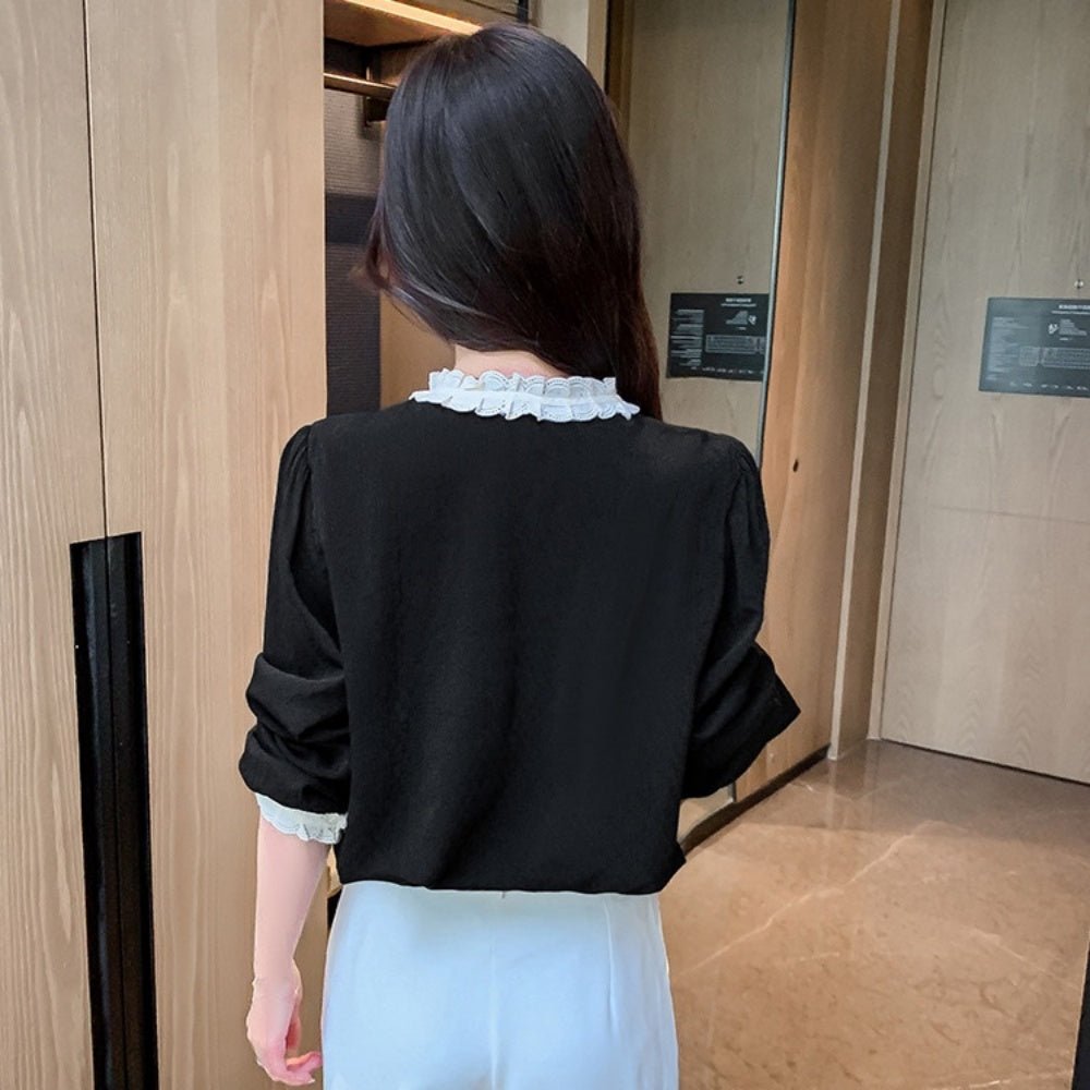 配色フリルトリムノーカラーブラウス|オフィスカジュアル レディース 通販【ミレジェネ】