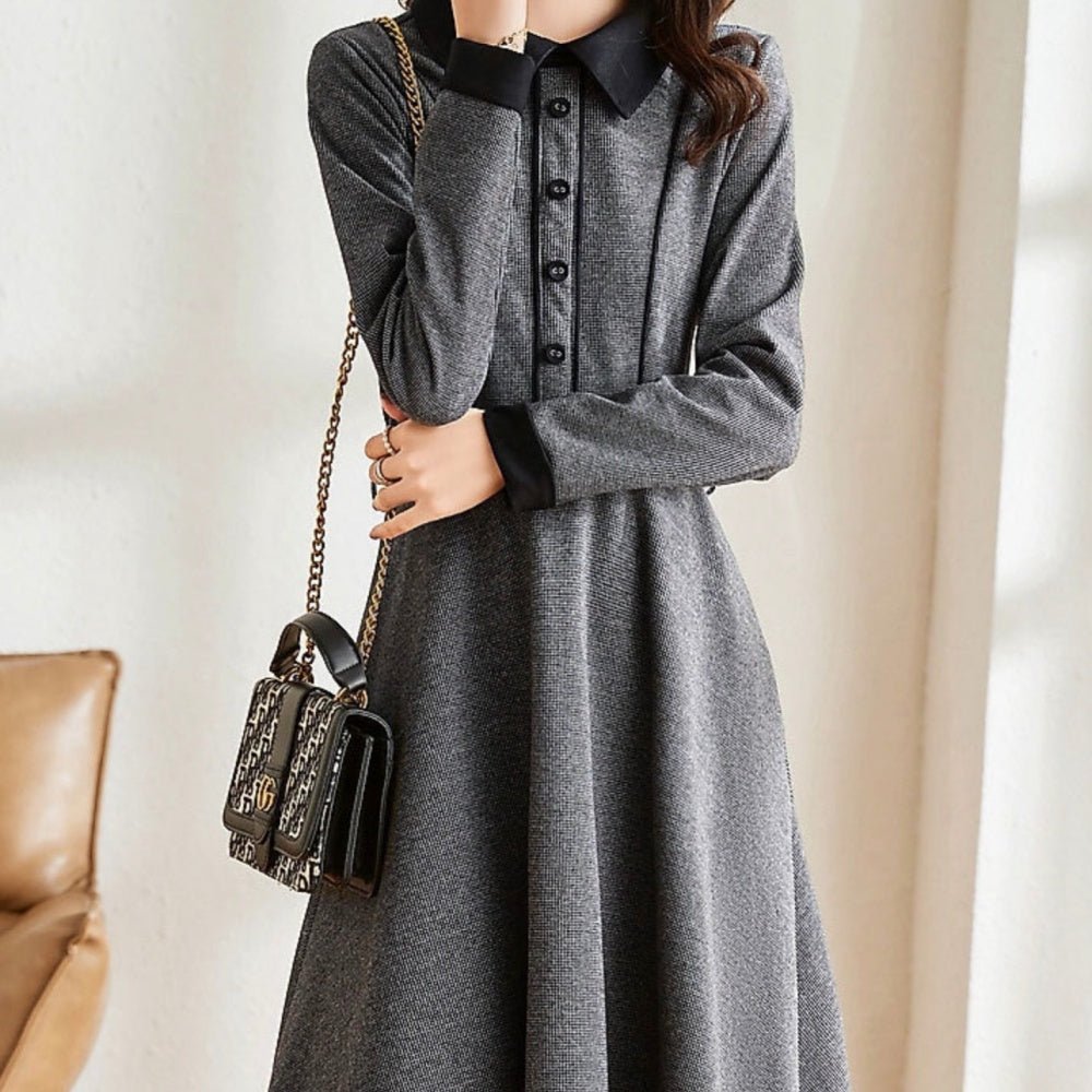 襟付き腰ベルトロングワンピース|オフィスカジュアル レディース 通販【ミレジェネ】