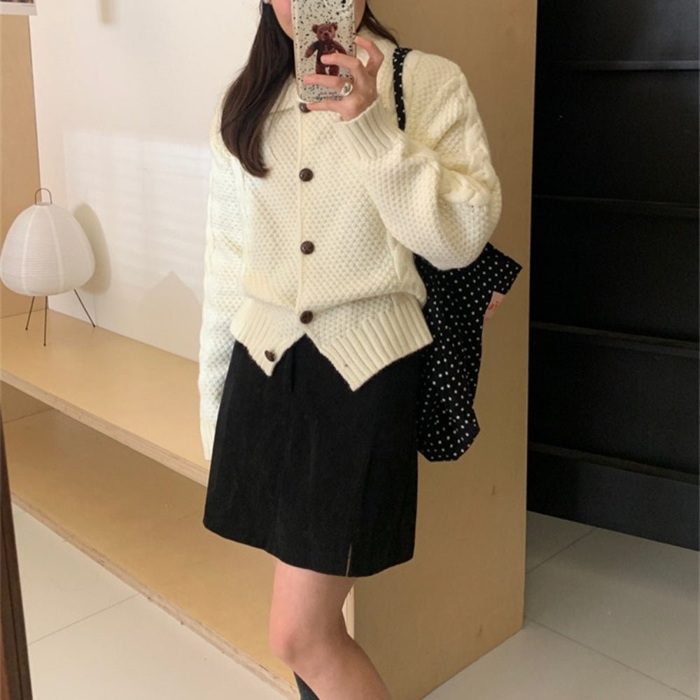 襟付きケーブルニットカーディガン|オフィスカジュアル レディース 通販【ミレジェネ】