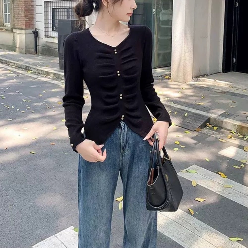 ゴールドボタンハートネックニットトップス|オフィスカジュアル レディース 通販【ミレジェネ】