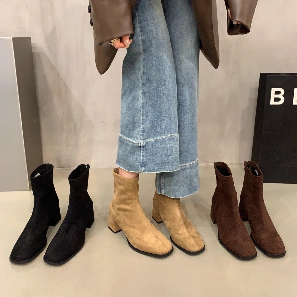 オフィスカジュアル 冬 スクエアトゥスウェードブーツ ミレジェネ