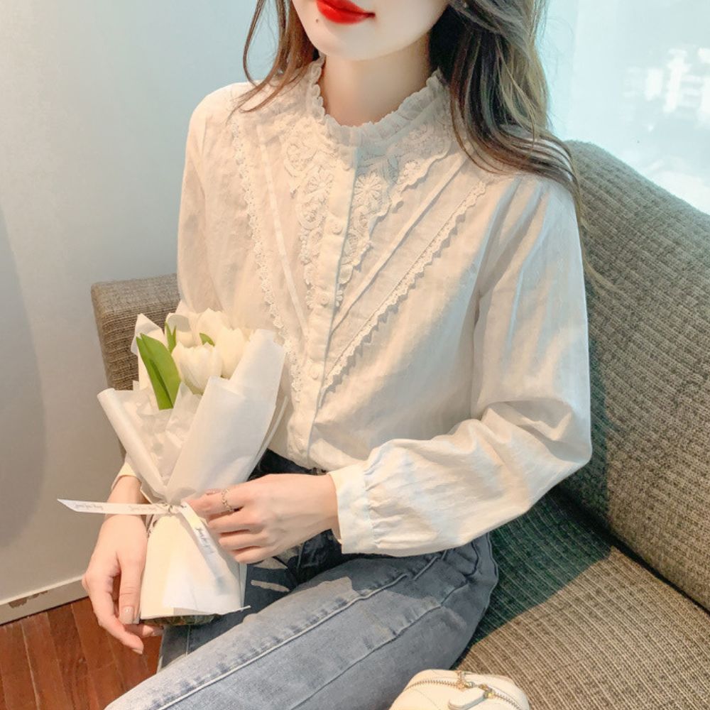 オフィスカジュアル 春 スタンドカラーレースブラウス ミレジェネ