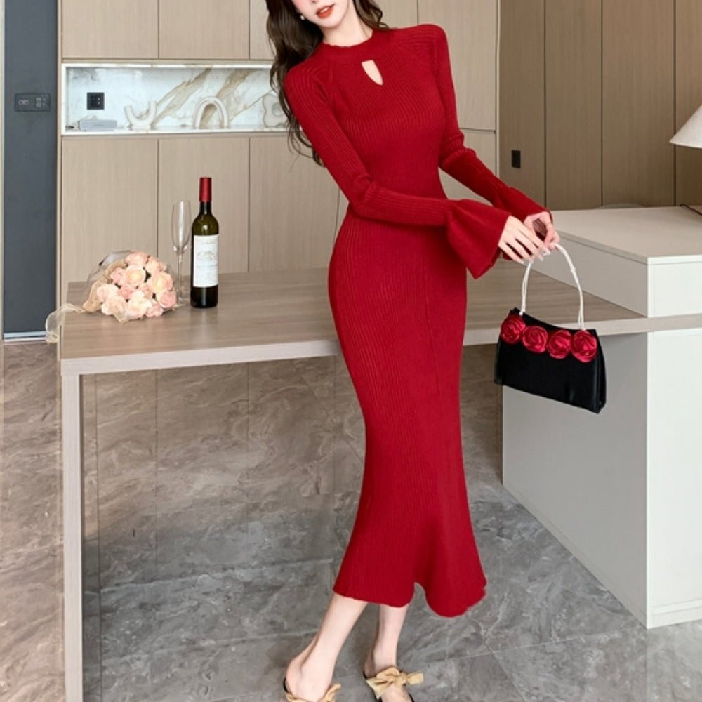 キーネックリブニットワンピース|オフィスカジュアル レディース 通販【ミレジェネ】