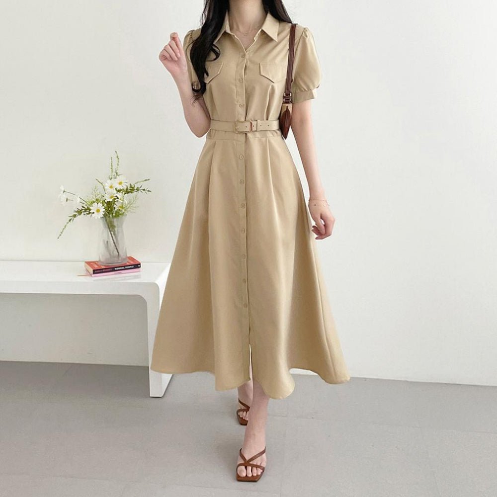 オフィスカジュアル 夏 ウエストベルトパフスリーブ前ボタンワンピース ミレジェネ