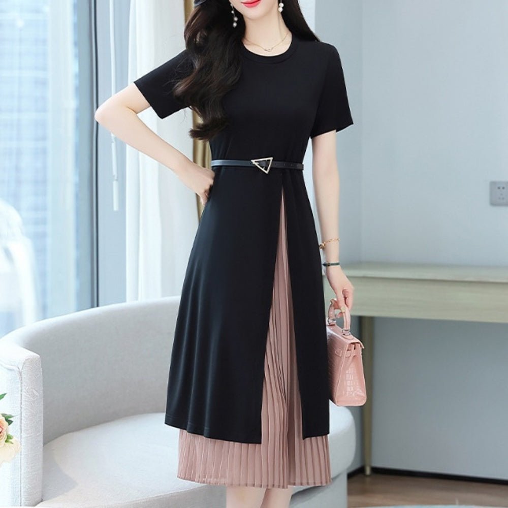 ベルト付きプリーツ切り替え半袖ワンピース|オフィスカジュアル レディース 通販 Millennial Generation【ミレジェネ】