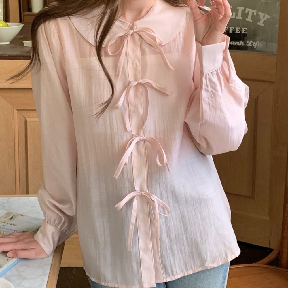 フラットカラーナローリボンシアーブラウス|オフィスカジュアル レディース 通販【ミレジェネ】