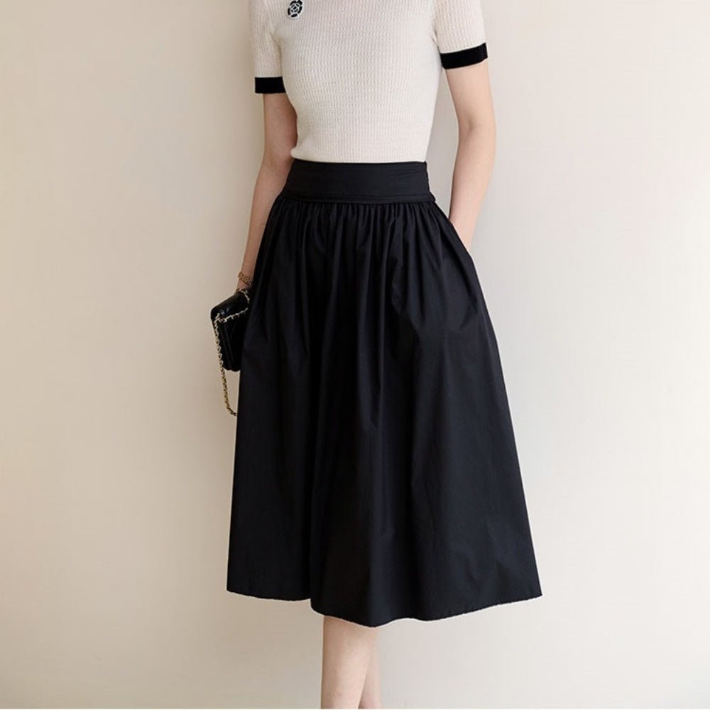 オフィスカジュアル 夏 太ウエストベルトシンプルギャザーミディアムスカート ミレジェネ