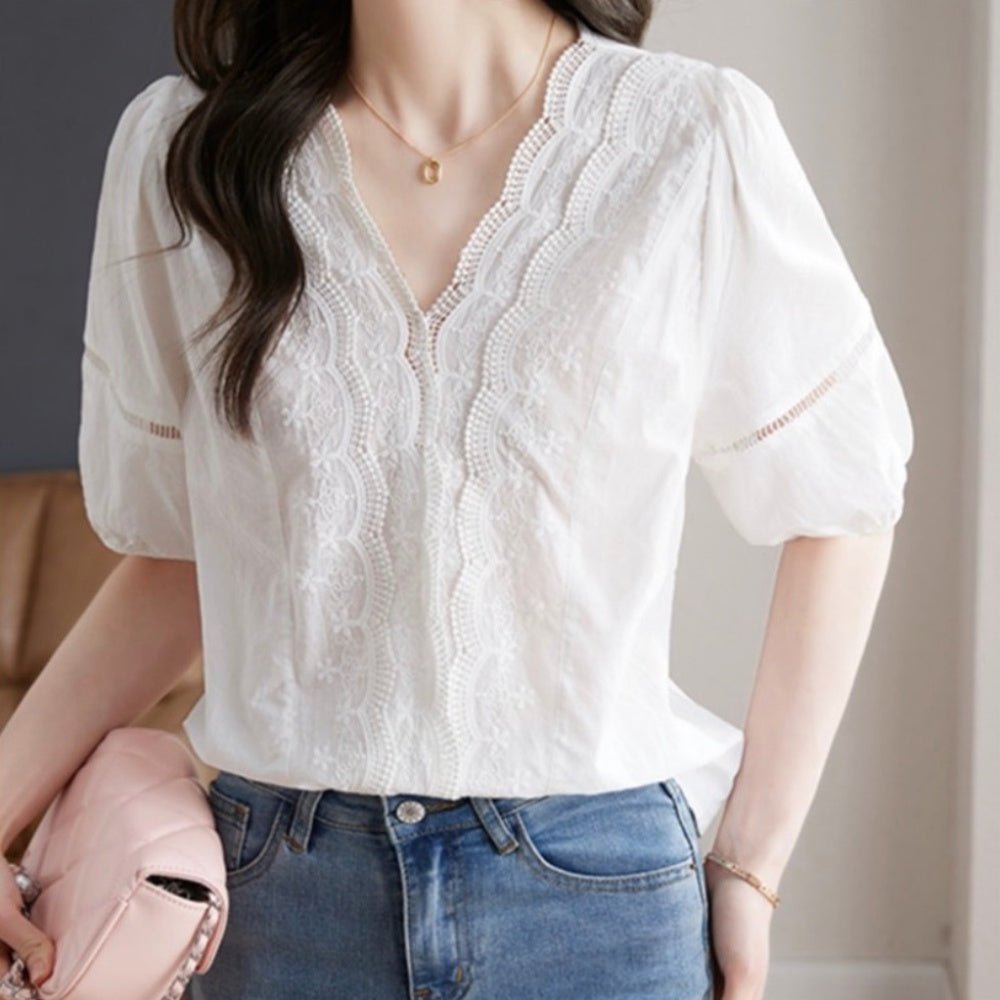 オフィスカジュアル 夏 レース刺繍半袖トップス ミレジェネ