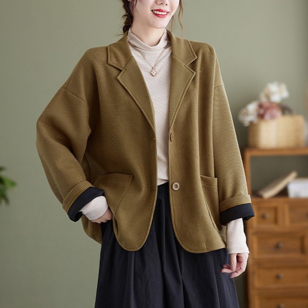 オフィスカジュアル 秋 ワッフル生地テーラードカラーゆったりジャケット ミレジェネ