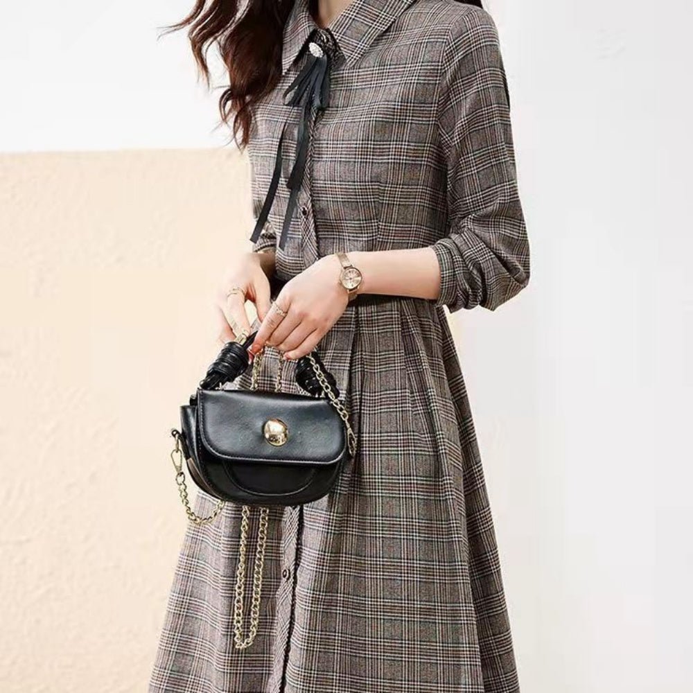 リボン付きチェック柄ひざ丈ワンピース|オフィスカジュアル レディース 通販【ミレジェネ】