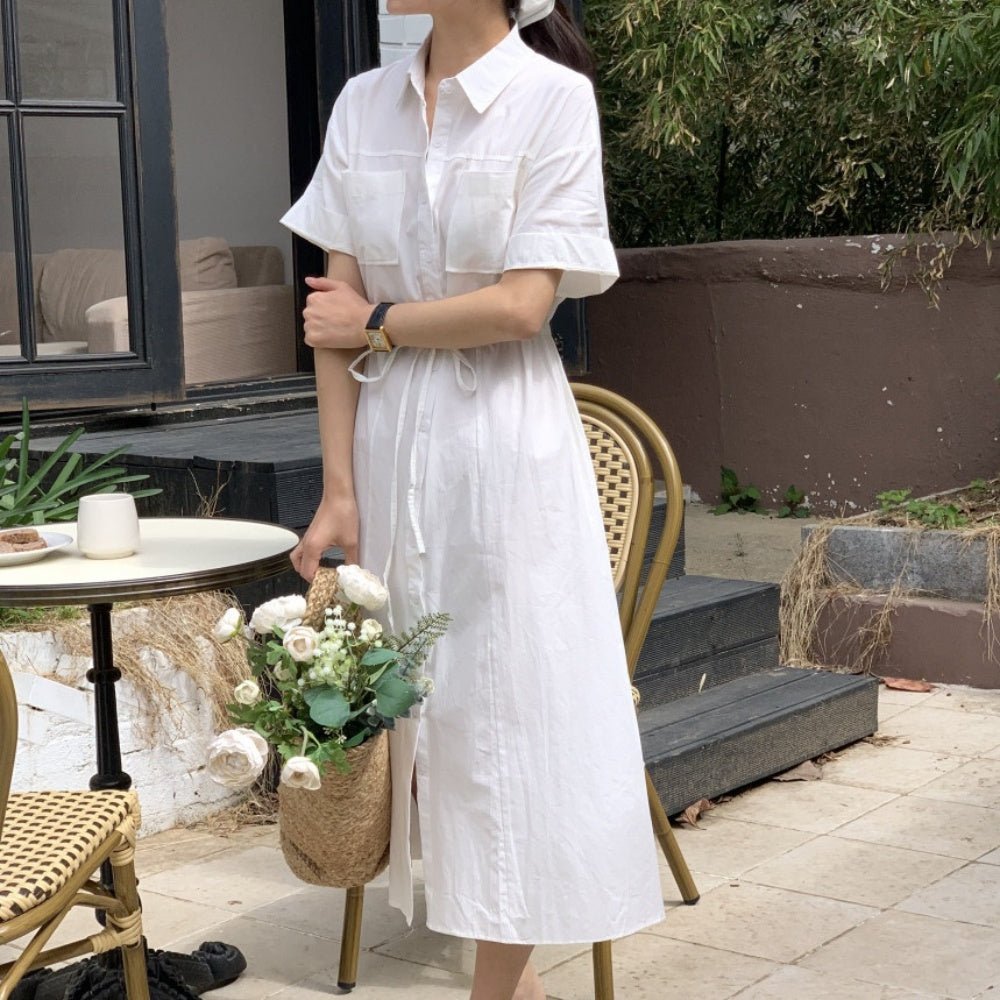 オフィスカジュアル 夏 襟付き前ボタン半袖シャツワンピース ミレジェネ