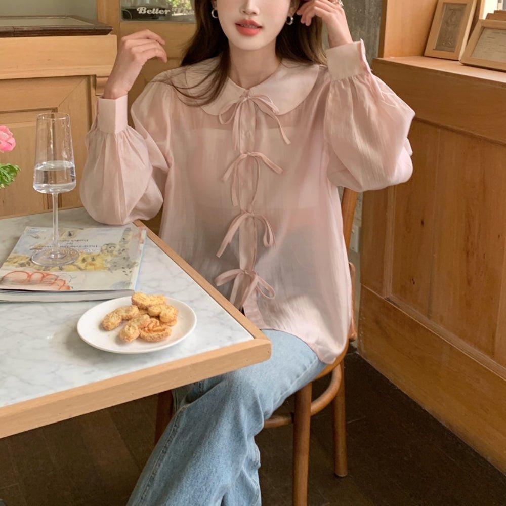 フラットカラーナローリボンシアーブラウス|オフィスカジュアル レディース 通販【ミレジェネ】