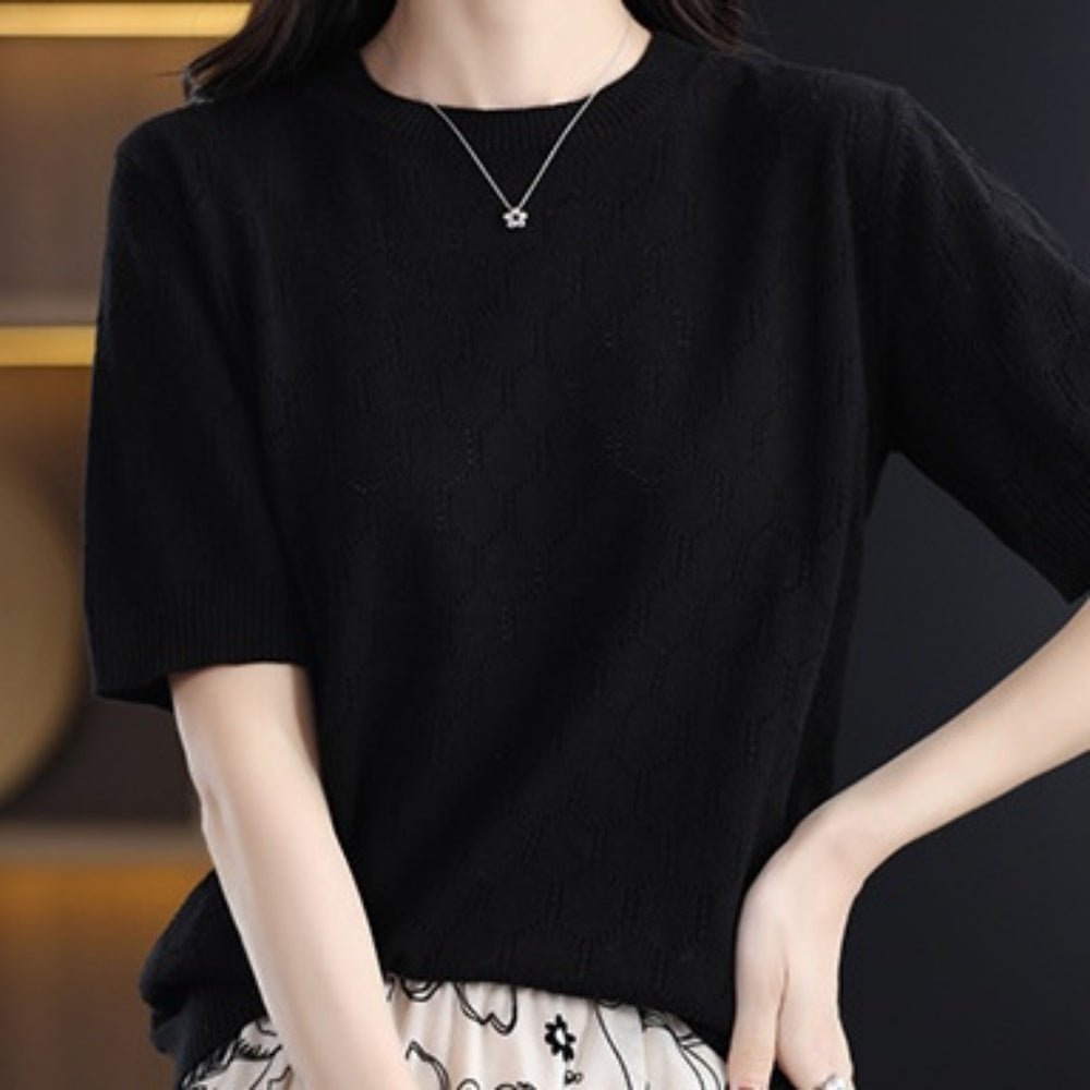 オフィスカジュアル 夏 ハニカム柄ラウンドネック半袖サマーニット ミレジェネ