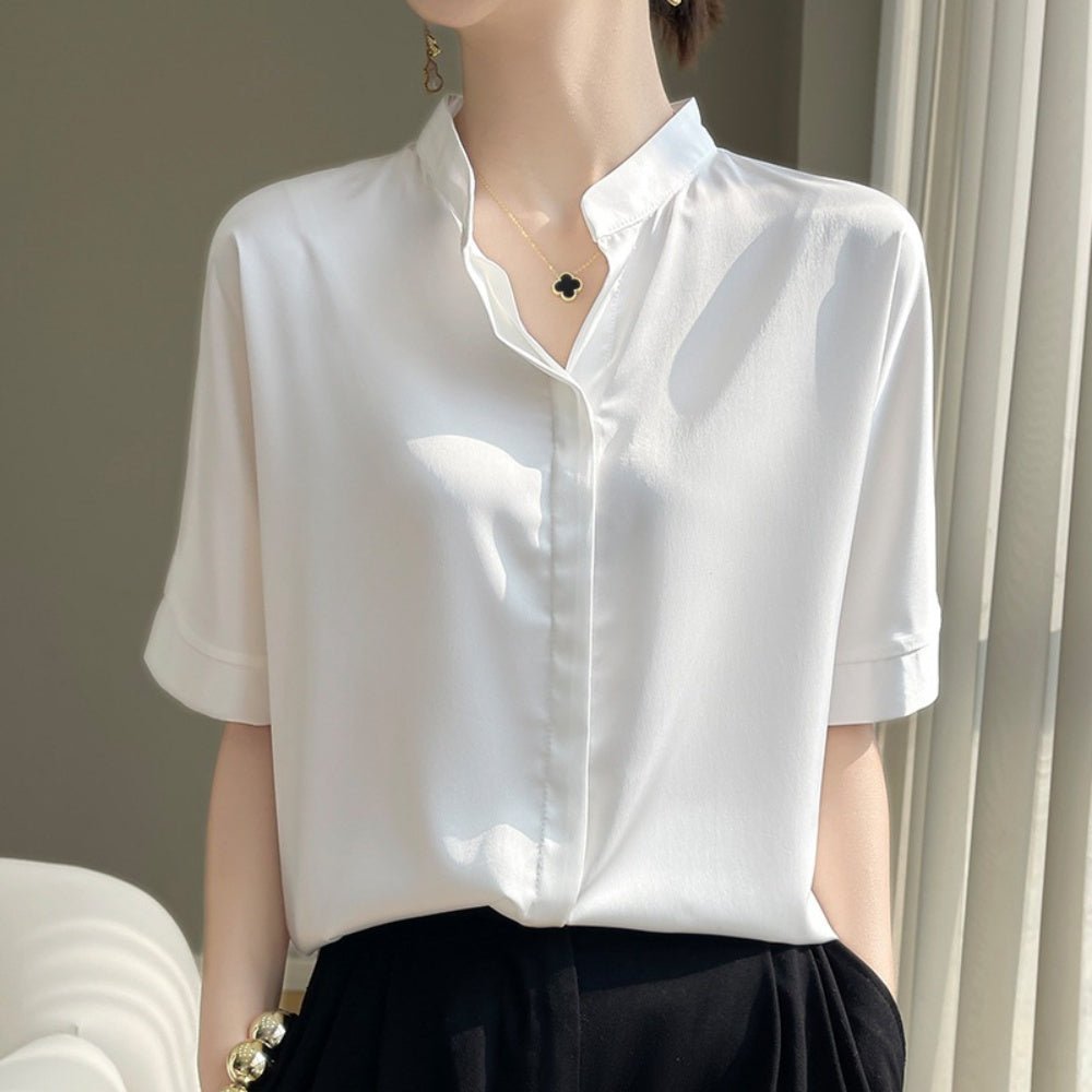 オフィスカジュアル 夏 スタンドカラー半袖ブラウス ミレジェネ
