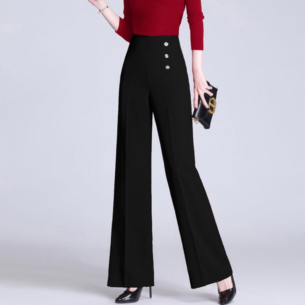 オフィスカジュアル 秋 ハイウエスト飾りボタン線有りワイドパンツ ミレジェネ