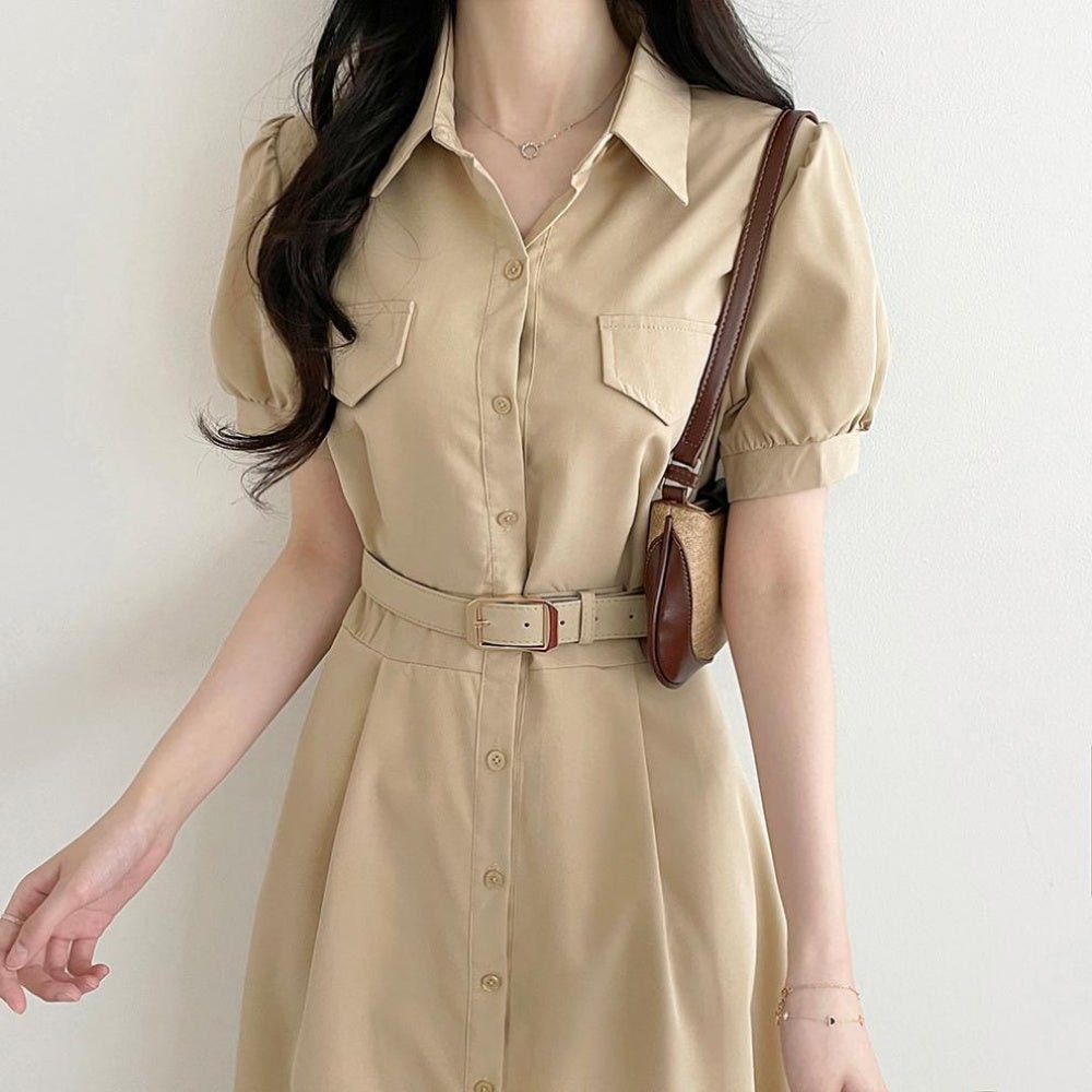 ウエストベルトパフスリーブ前ボタンワンピース|オフィスカジュアル レディース 通販 Millennial Generation【ミレジェネ】