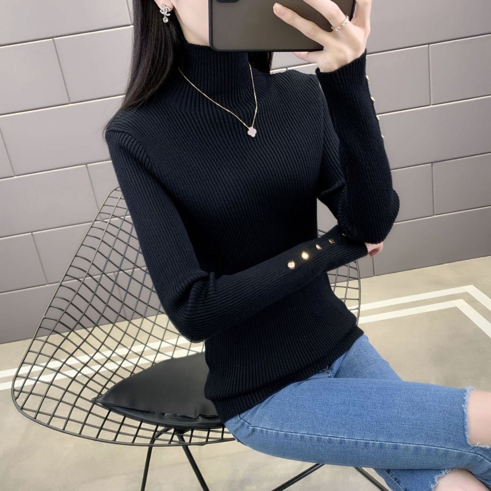 金ボタンハイネックリブニット|オフィスカジュアル レディース 通販【ミレジェネ】