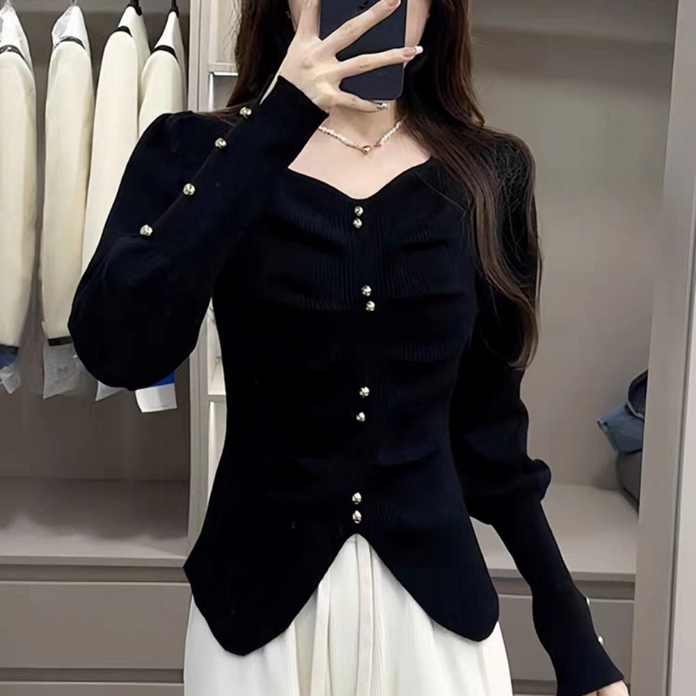 ゴールドボタンハートネックニットトップス|オフィスカジュアル レディース 通販【ミレジェネ】