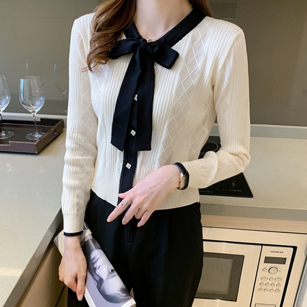 配色ボウタイ付きカーデ風ニットトップス|オフィスカジュアル レディース 通販【ミレジェネ】
