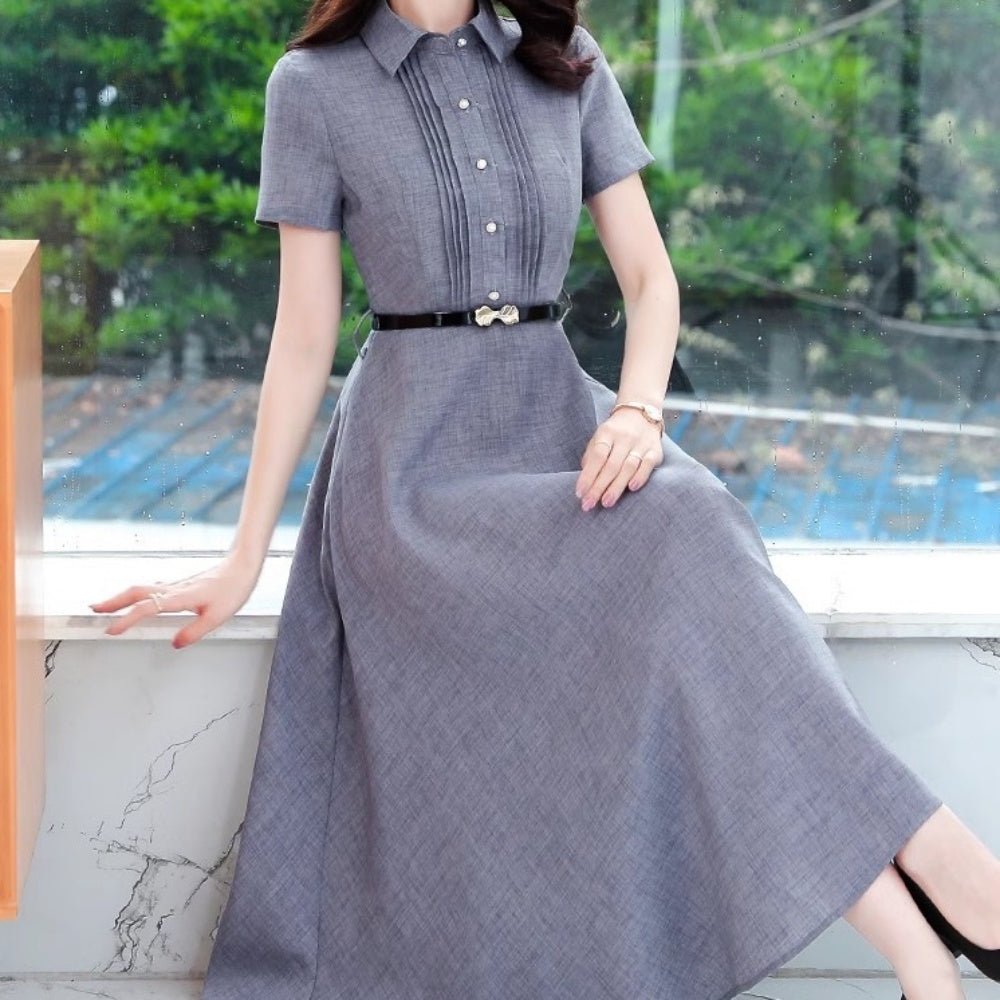 ベルト付きピンタック半袖ロングワンピース|オフィスカジュアル レディース 通販 Millennial Generation【ミレジェネ】