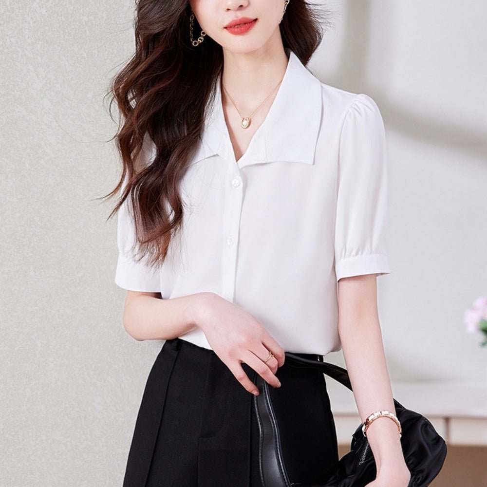 パフスリーブ開襟シンプルブラウス|オフィスカジュアル レディース 通販 Millennial Generation【ミレジェネ】