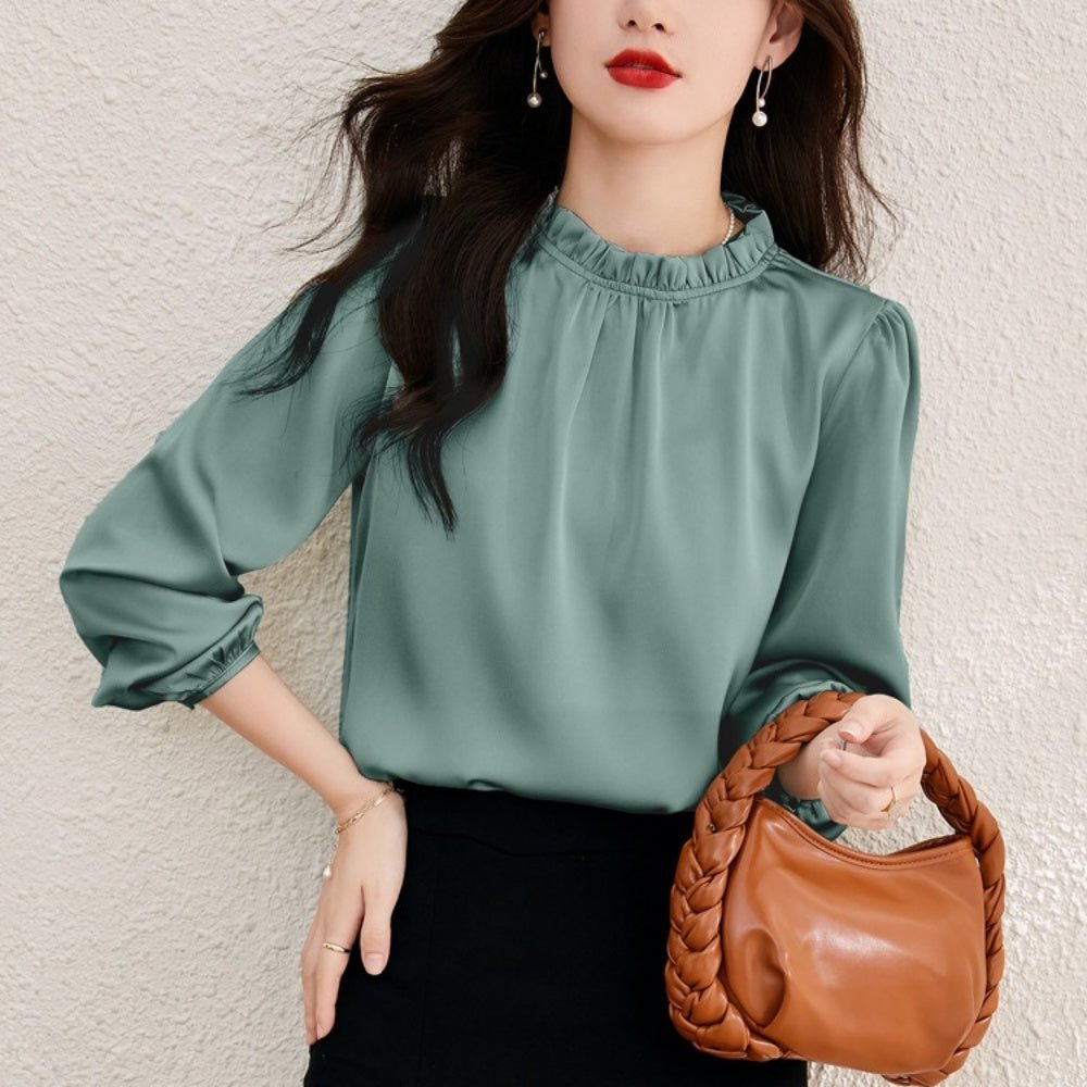 オフィスカジュアル 秋 スタンドフリル長袖ブラウス ミレジェネ