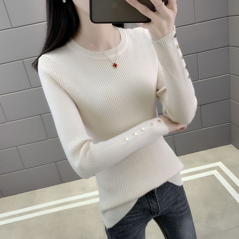 金ボタンクルーネックリブニット|オフィスカジュアル レディース 通販【ミレジェネ】