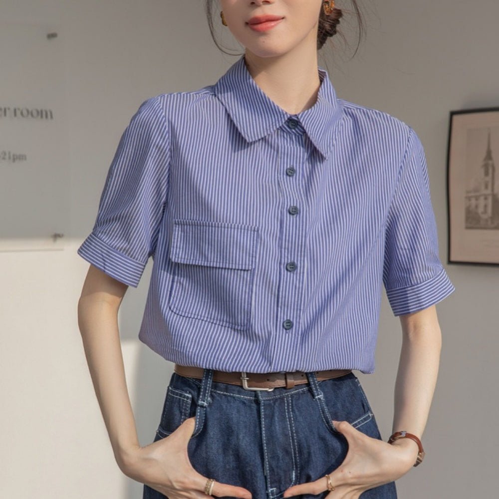 ピンストライプ胸ポケット付きシャツ|オフィスカジュアル レディース 通販 Millennial Generation【ミレジェネ】