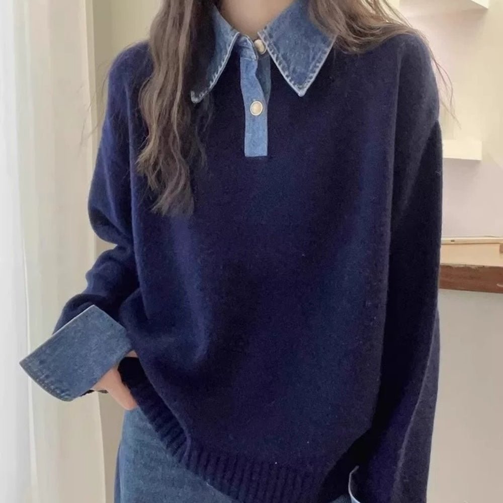 襟袖デニムフェイクレイヤードニット|オフィスカジュアル レディース 通販【ミレジェネ】