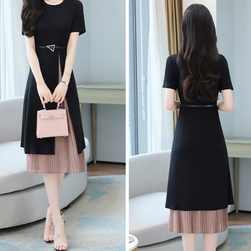 ベルト付きプリーツ切り替え半袖ワンピース|オフィスカジュアル レディース 通販 Millennial Generation【ミレジェネ】