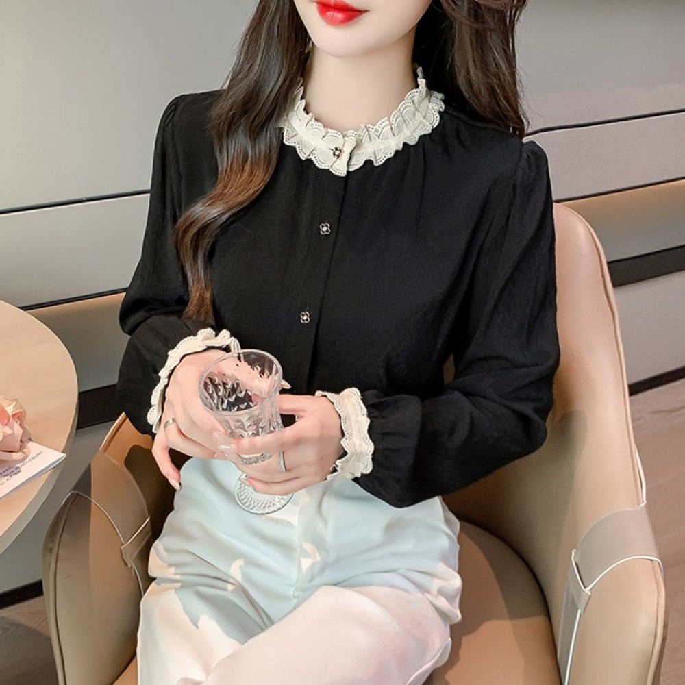 配色フリルトリムノーカラーブラウス|オフィスカジュアル レディース 通販【ミレジェネ】