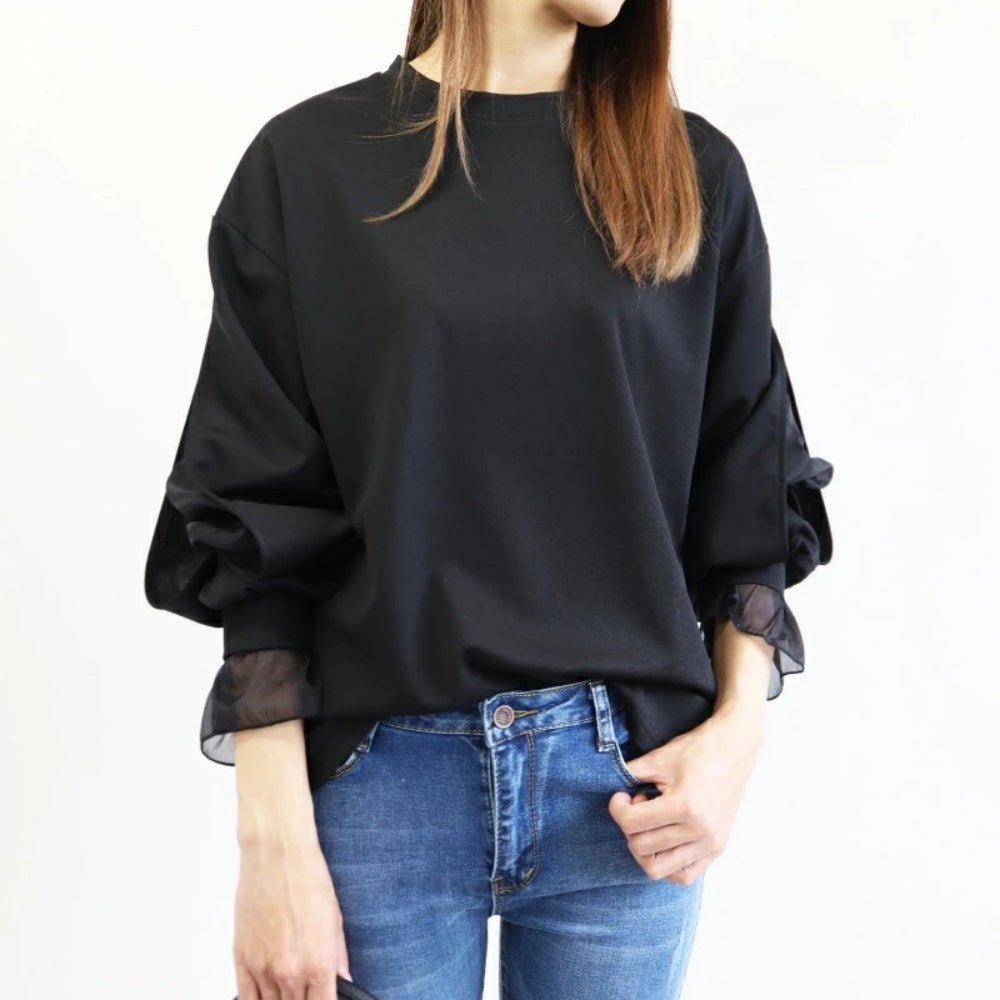 オフィスカジュアル 秋 ラウンドネックフリル袖ニット ミレジェネ