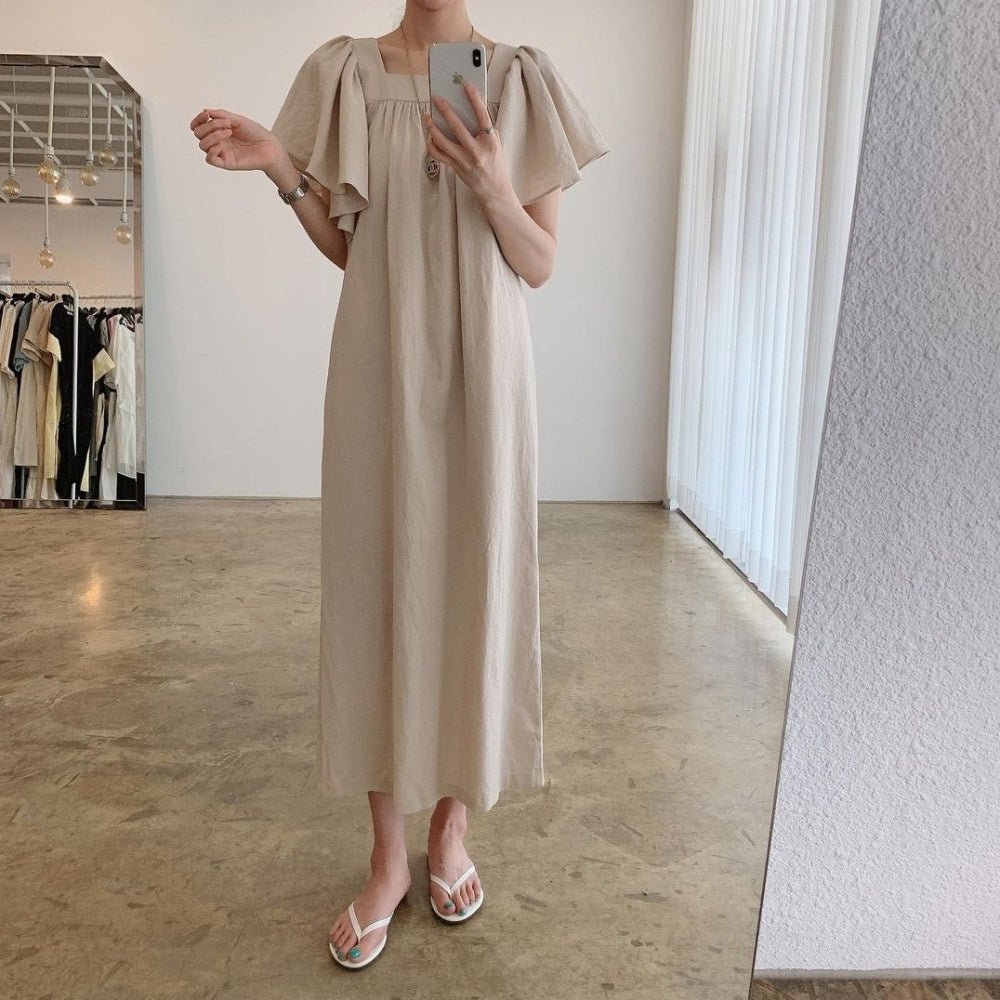 オフィスカジュアル 夏 スクエアネックフリルスリーブ腰リボンワンピース ミレジェネ