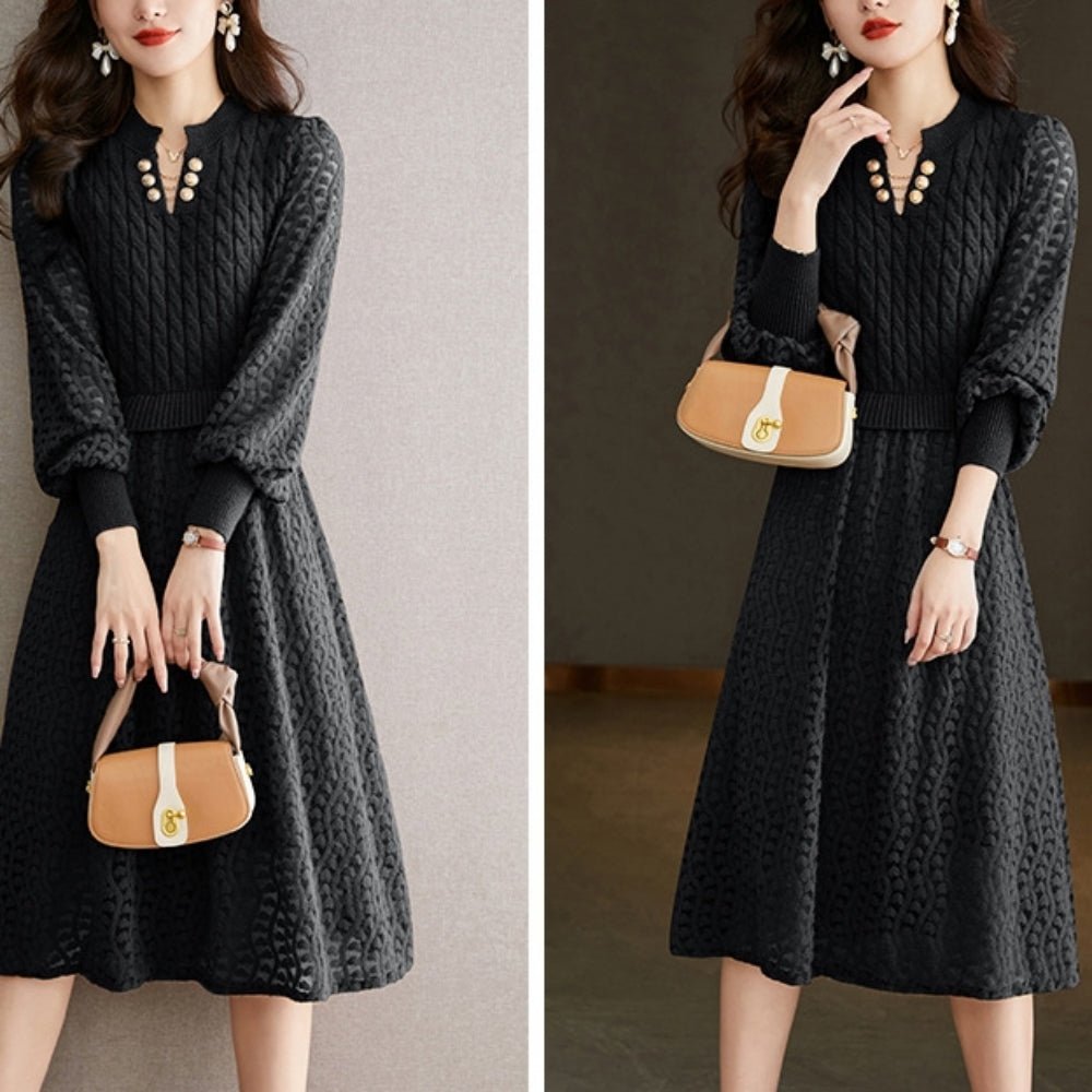 ランタンスリーブシースルー編みニットワンピース|オフィスカジュアル レディース 通販【ミレジェネ】