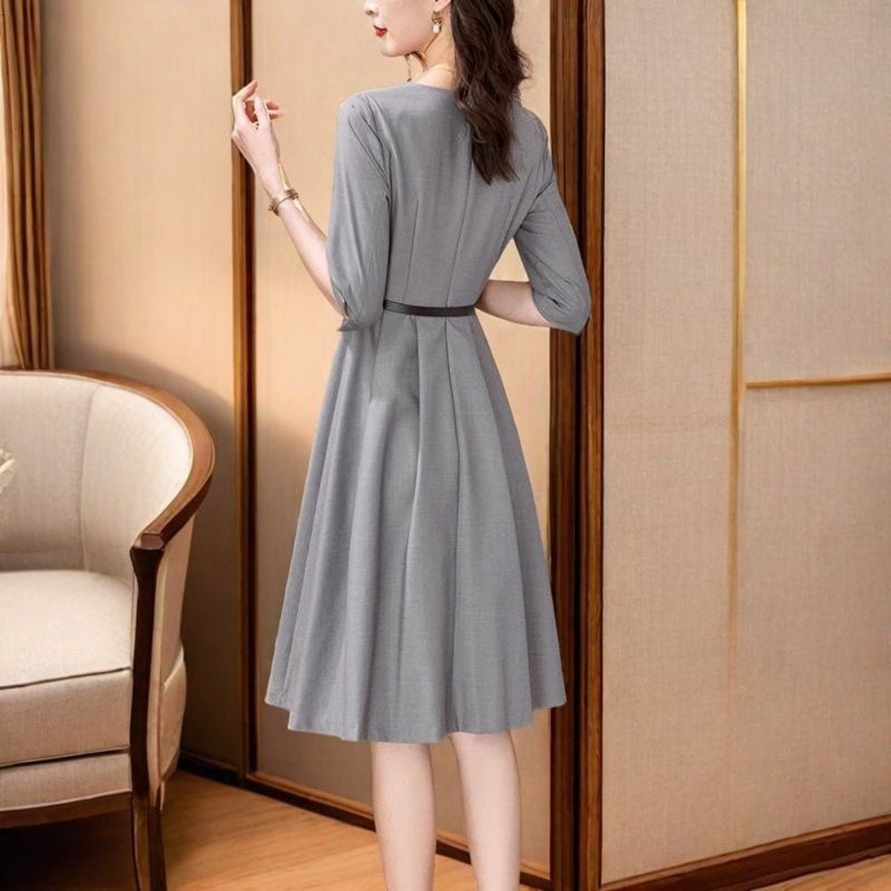 ウエストベルト七分袖ワンピース|オフィスカジュアル レディース 通販【ミレジェネ】