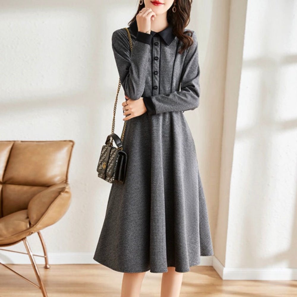 襟付き腰ベルトロングワンピース|オフィスカジュアル レディース 通販【ミレジェネ】