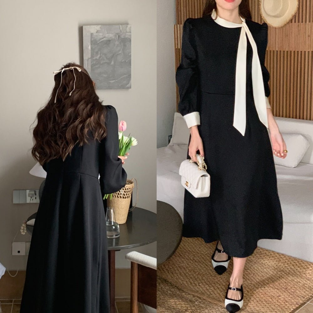 オフィスカジュアル 秋 リボンタイミディ丈ワンピース ミレジェネ