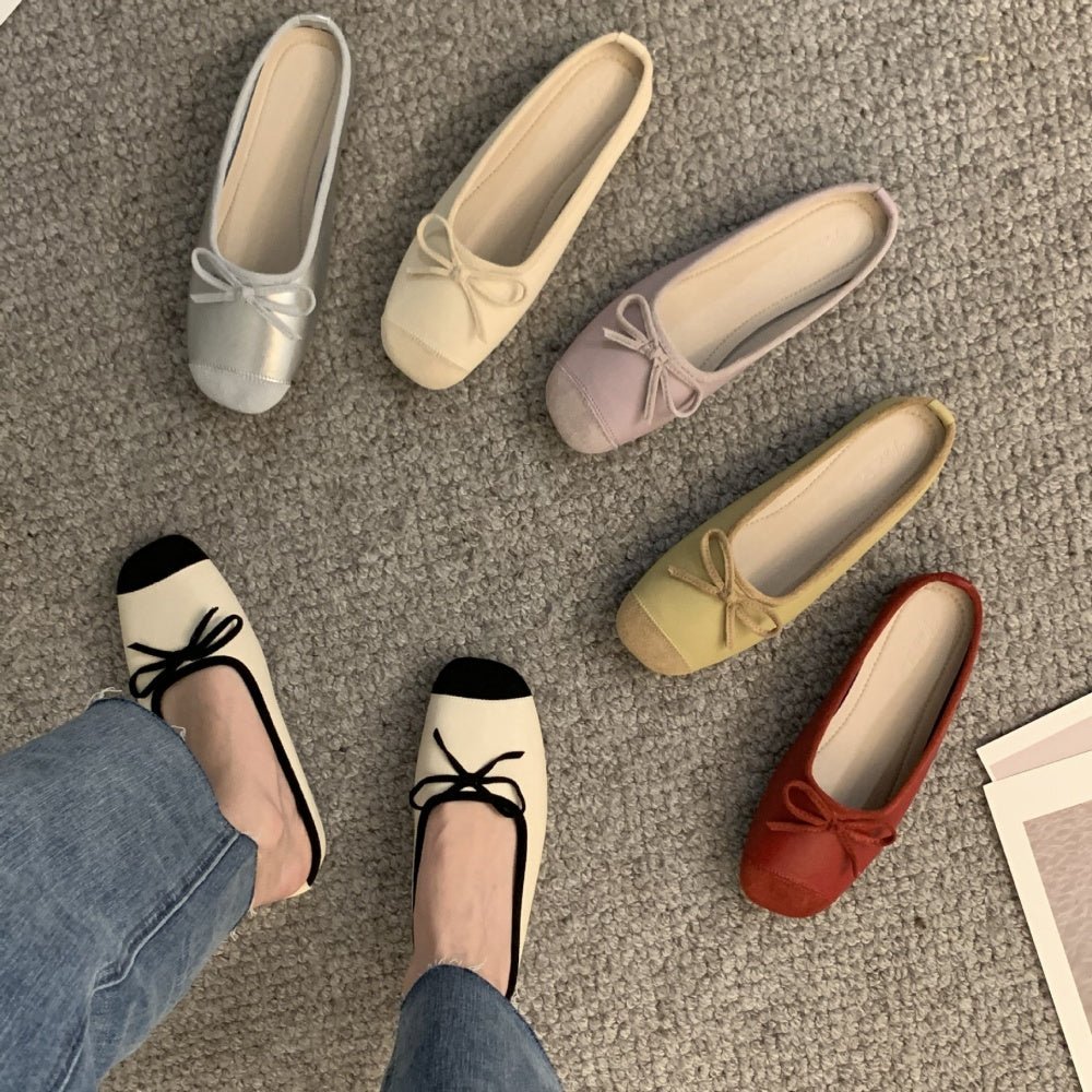 オフィスカジュアル ワンポイントリボン合皮異素材ローヒールパンプス ミレジェネ