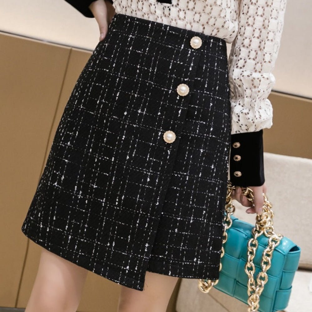 アシメボタンラップ風ツイードスカート|オフィスカジュアル レディース 通販【ミレジェネ】