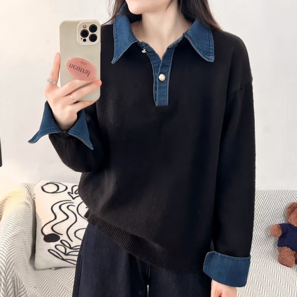 襟袖デニムフェイクレイヤードニット|オフィスカジュアル レディース 通販【ミレジェネ】