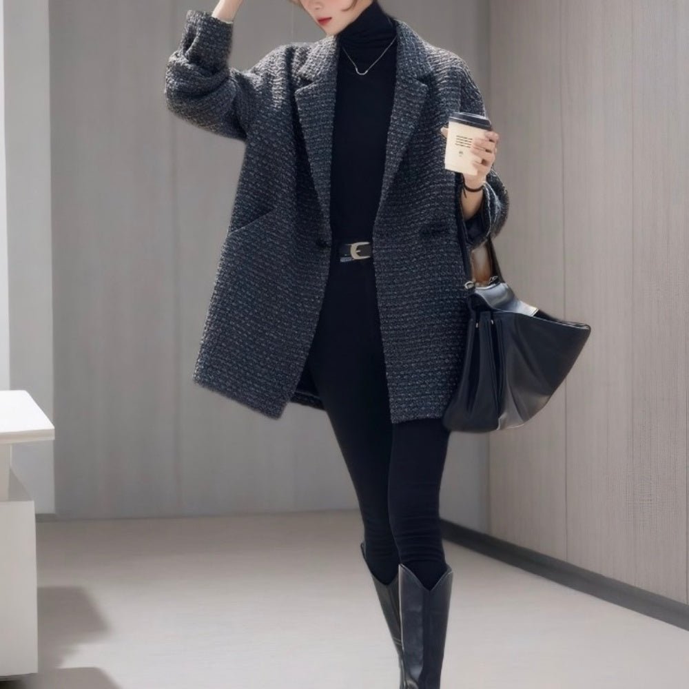 オフィスカジュアル 冬 ツイードミドル丈テーラードコート ミレジェネ