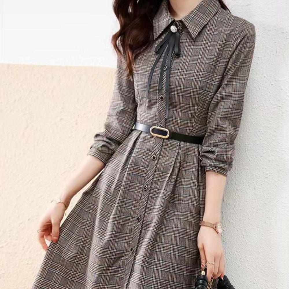 リボン付きチェック柄ひざ丈ワンピース|オフィスカジュアル レディース 通販【ミレジェネ】