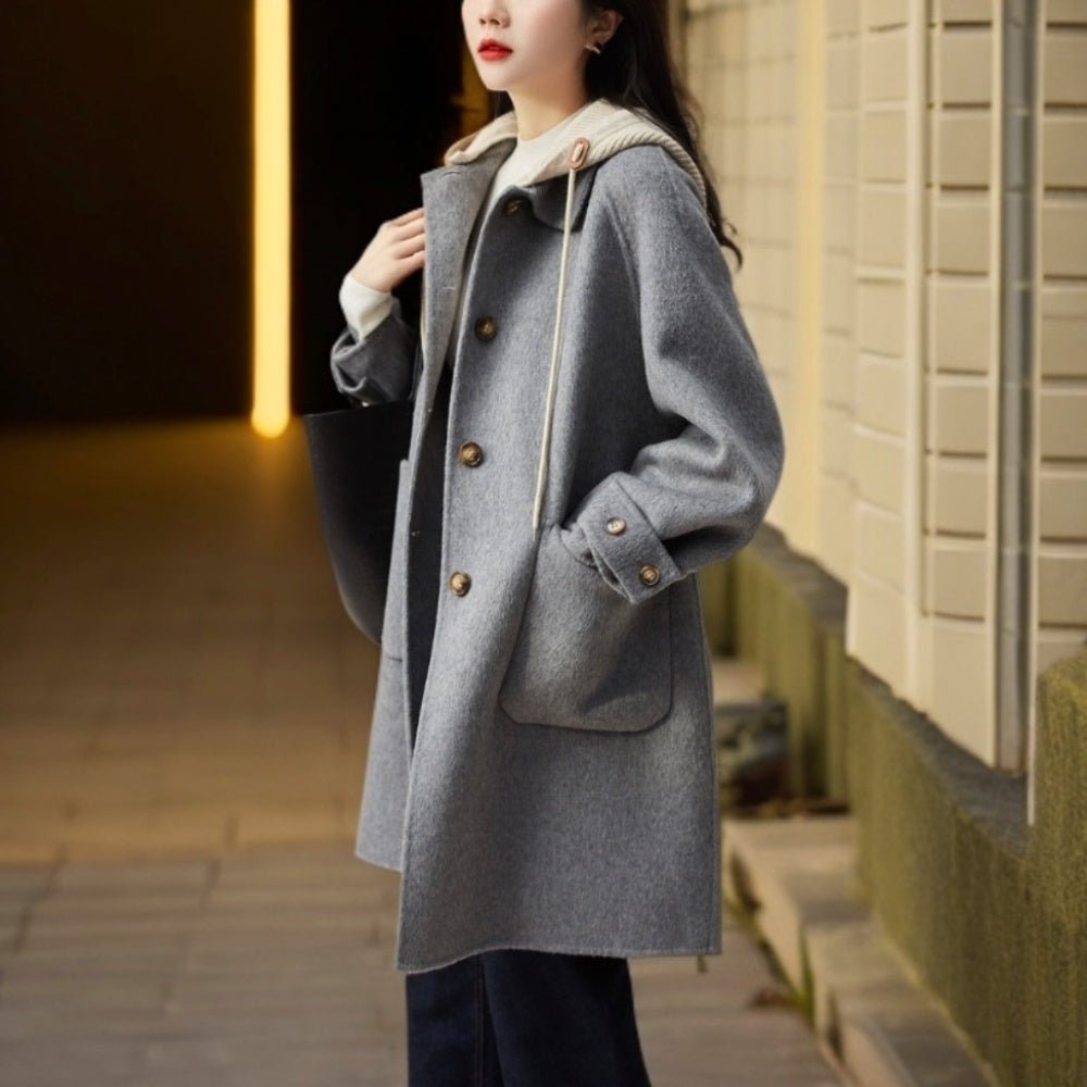 オフィスカジュアル 冬 異素材フード付ウールコート ミレジェネ