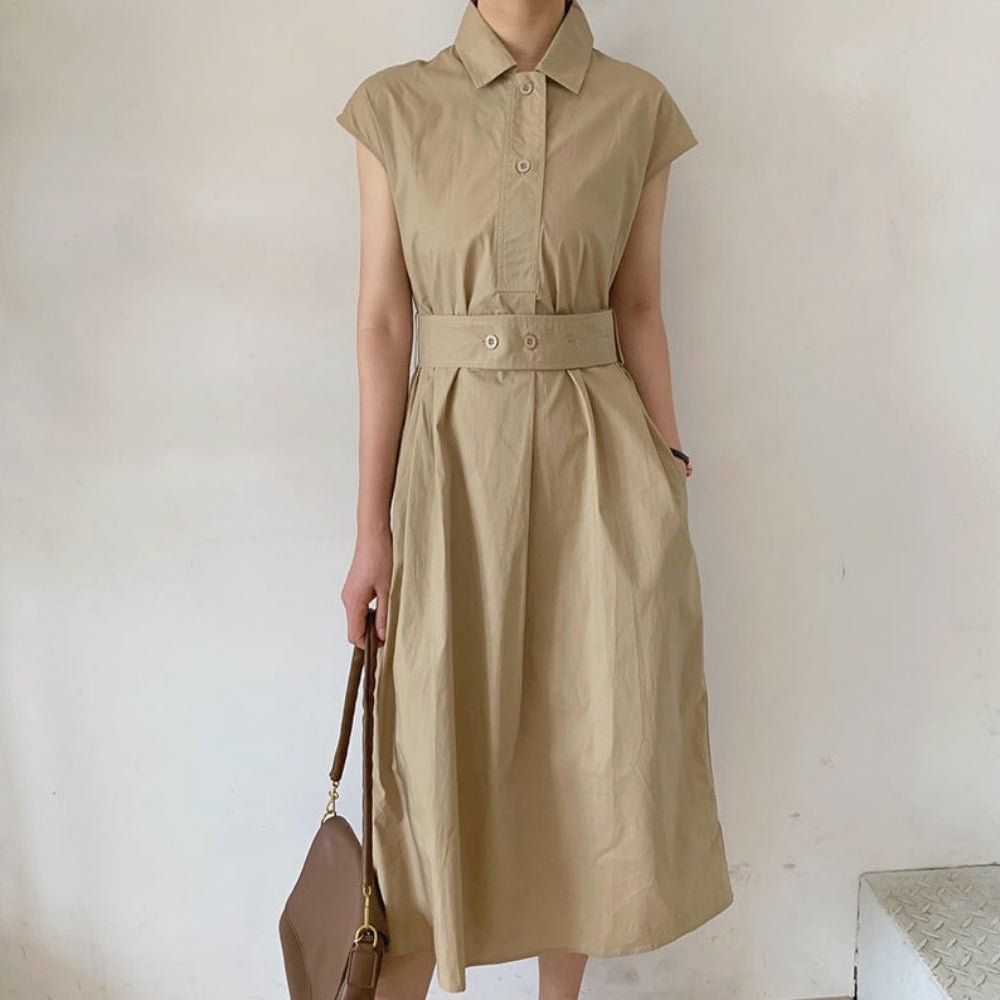 ウエストベルト付き前ボタンロングワンピース|オフィスカジュアル レディース 通販 Millennial Generation【ミレジェネ】