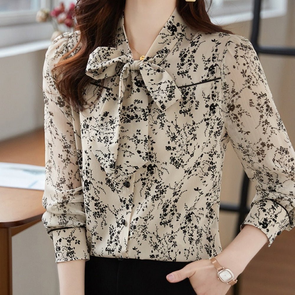 ボウタイ付レトロ花柄ブラウス|オフィスカジュアル レディース 通販【ミレジェネ】