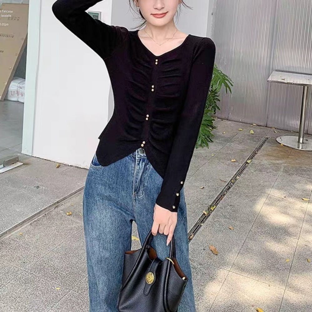 ゴールドボタンハートネックニットトップス|オフィスカジュアル レディース 通販【ミレジェネ】