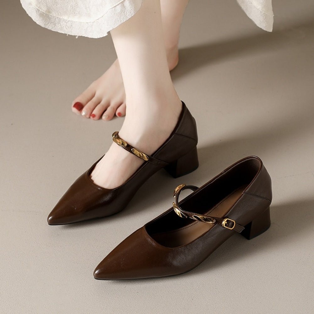 スクエアヒールゴールドストラップパンプス|オフィスカジュアル レディース 通販【ミレジェネ】