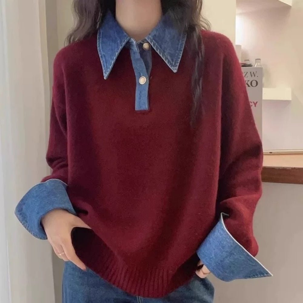 襟袖デニムフェイクレイヤードニット|オフィスカジュアル レディース 通販【ミレジェネ】