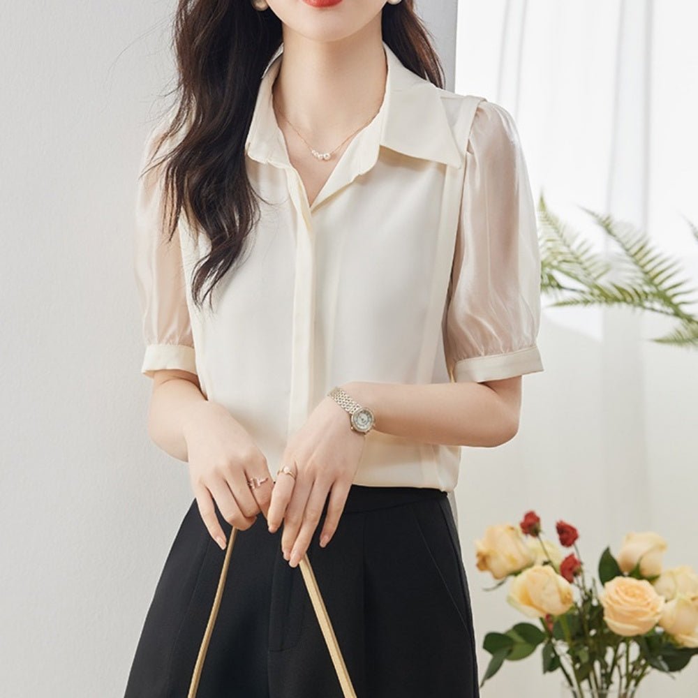 異素材切替パフスリーブブラウス|オフィスカジュアル レディース 通販【ミレジェネ】