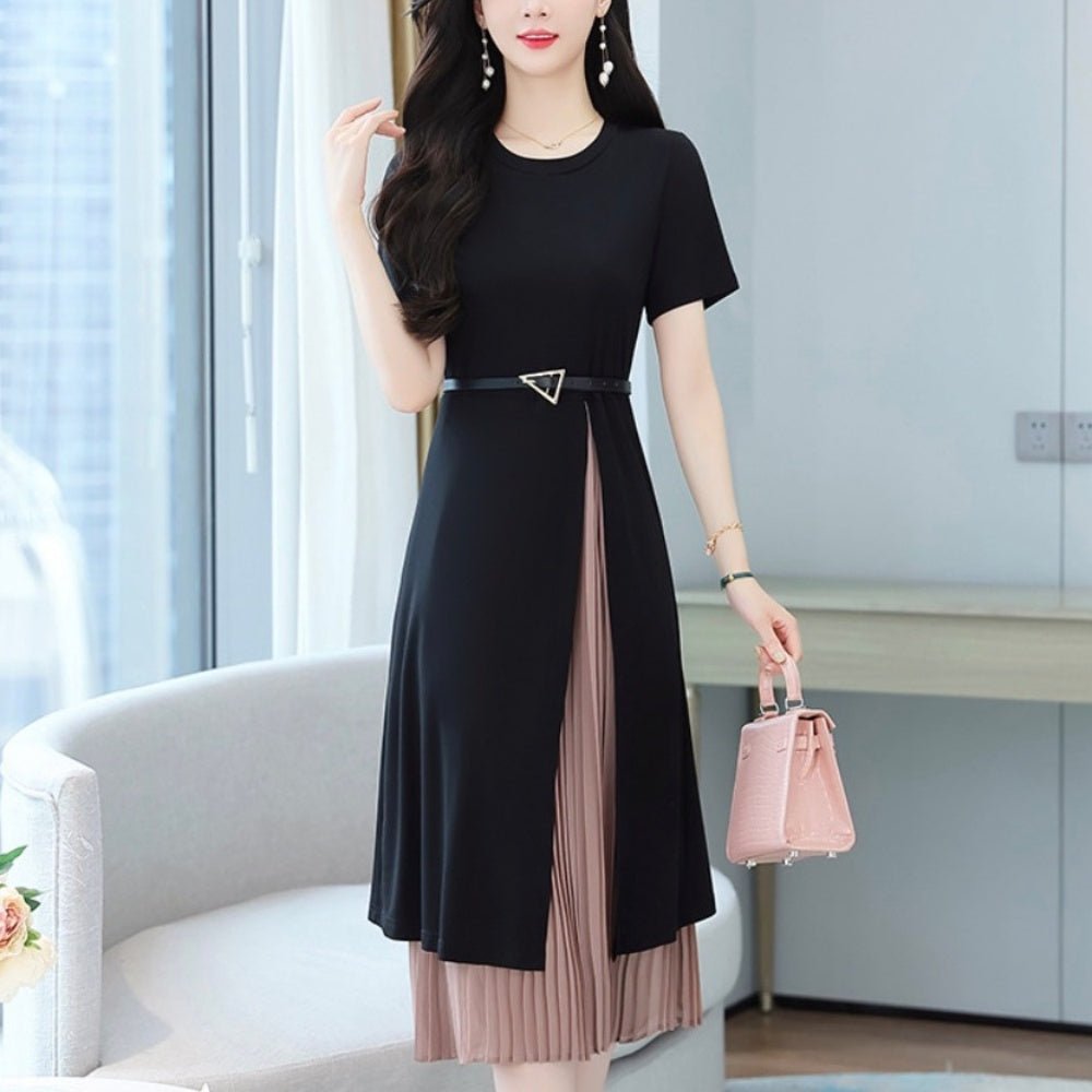 ベルト付きプリーツ切り替え半袖ワンピース|オフィスカジュアル レディース 通販 Millennial Generation【ミレジェネ】